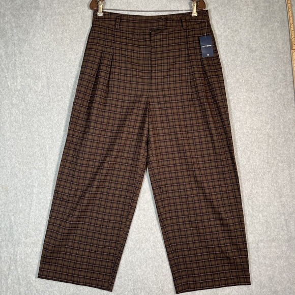 Lucky Brand Wide Leg Pants Medium Brown Plaid Academia Menswear Pleated Trousers - Picture 1 of 16